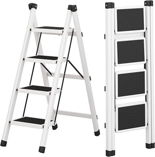 JOISCOPE 4 Step Ladder, Folding Ladder Stool with Non-Slip WideSteps, Safe and Space-Saving Step Stool, 150 lbs Sturdy Steel Ladder for Home and Kitchen, White, Like New, Retail - $62.99 - Lot 229