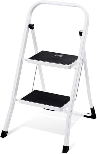 2 Step Ladder Step Stool, Sturdy Step Stools for Adults with Wide Anti- Slip Pedal, Portable Folding Step Stool with Handle, Lightweight SteelStep Ladder, 330lbs Capacity Kitchen Step Stool, White, Like New, Retail - $57.99 - Lot 233