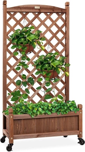 Best Choice Products 60in Wood Planter Box & DiamondLattice Trellis, Mobile Outdoor Raised Garden Bed forClimbing Plants w/Drainage Holes, Optional WheelsWalnut, Like New, Retail - $109.99 - Lot 260