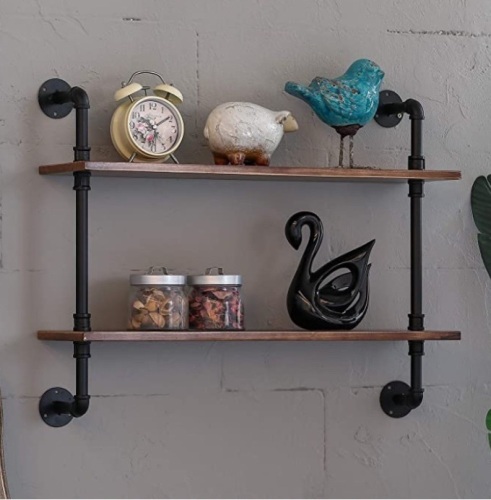 MOCOME 27.5" Industrial Pipe Shelving,Iron Pipe Shelf with Woodfor Kitchen, Wall Mounted Shelf Rustic Black Pipe Floating Shelvesfor Bathroom 2 Tier, Brown, Like New, Retail - $56.82 - Lot 286