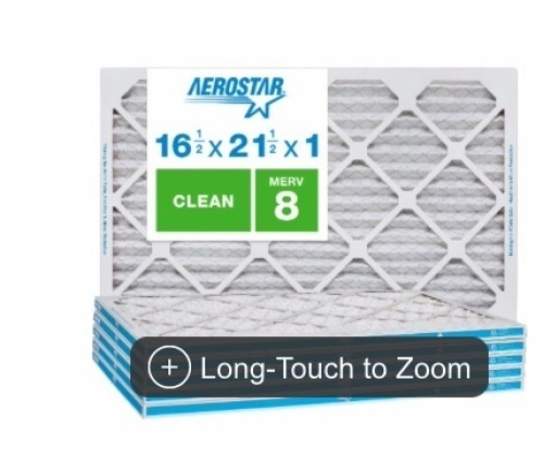 Aerostar 16 1/2x21 1/2x1 MERV 8, Clean Air Filter, Box of 6, New, Retail - $49.99 - Lot 43