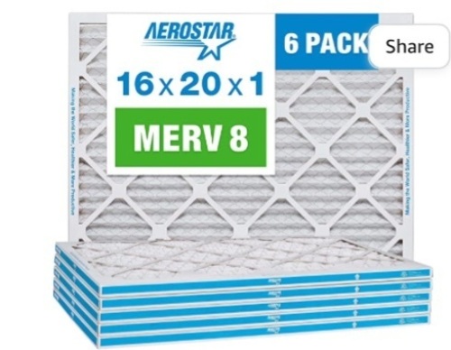 Aerostar, 16x20x1, MERV 8, Pleated Air Filter, AC Furnace, 6PK, Like New, retail - $37.81 - Lot 85