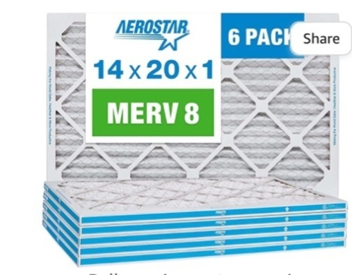 Aerostar 14x20x1 MERV 8 Pleated Air Filter, AC Furnace AirFilter, 6 Pack (Actual Size: 13 3/4"x 19 3/4" x 3/4"), Like New, Retail - $36.51 - Lot 86