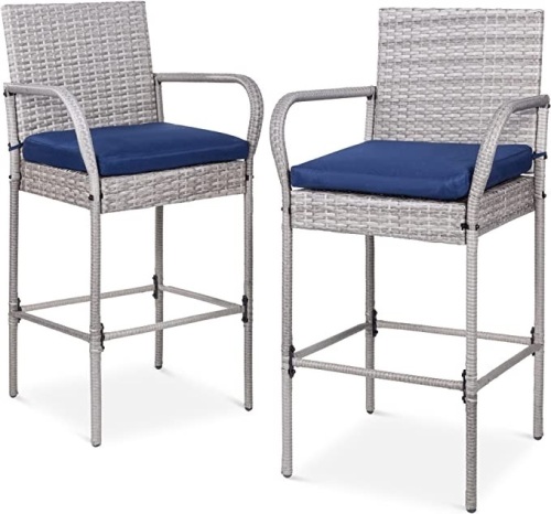 Best Choice Products Set of 2 Wicker Bar Stools. IndoorOutdoor Bar Height Chairs w/Cushion, Footrests, Armrestsfor Backyard, Patio, Pool, Garden, Deck - Gray, Like New, Retail - $189.99 - Lot 144