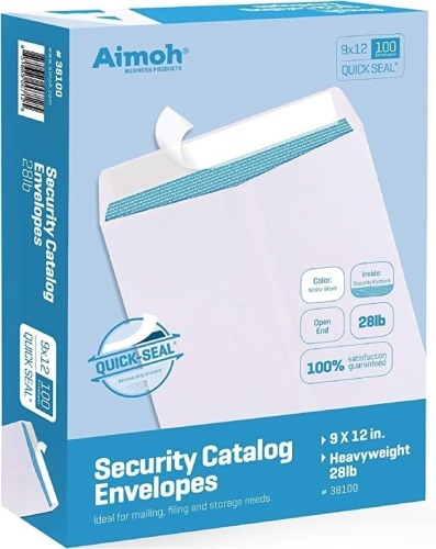 Aimoh, 100 9 x 12 SELF Seal Security White Catalog Envelopes281b - Security Tinted, Ultra Strong Quick-Seal, 9x12inch, New, Retail - $20.98 - Lot 150