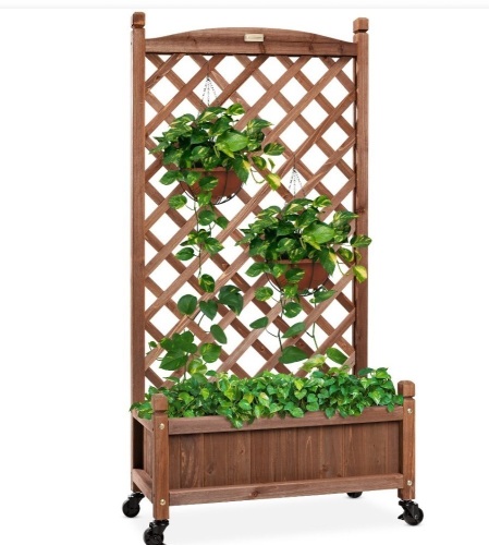 Best Choice Products 60in Mobile Wood Planter Box & DiamondLattice Trellis, w/ Drainage Holes, Optional Wheels - Walnut, Like New, retail - $109.99 - Lot 167