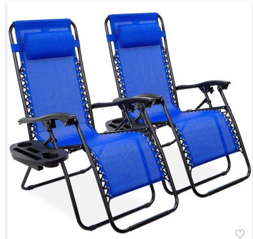 Best Choice Products Set of 2 Adjustable Zero Gravity LoungeChair Recliners for Patio w/ Cup Holders - Cobalt Blue, Like New, Retail - $119.99 - Lot 183