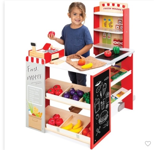 Best Choice Products Kids Pretend Play Grocery Store WoodenSupermarket Toy Set w/ Play Food, Chalkboard, Cash Register, Like New, Retail - $114.99 - Lot 191