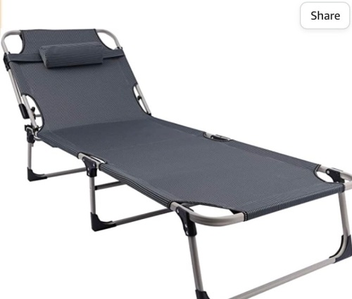 REDCAMP Folding Camping Cot for Adults, Adjustable 4. Position Reclining Folding Chaise Lounge Chair with Pillow, Portable Sleeping Cotsfor Camping Outdoor Beach Pool, Grey/Black/Navy, Like New, retail - $115.99 - Lot 193