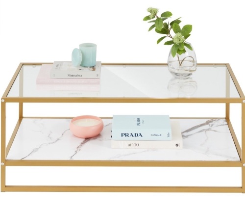 Best Choice Products 44in 2-Tier Rectangular Coffee Table, 2-in-1 Accent Furniture w/ Faux Marble Top - Gold, Like New, Retail - $99.99 - Lot 195