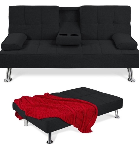 Best Choice Products Modern Linen Convertible Futon Sofa Bedw/ Removable Armrests, Metal Legs, 2 Cupholders - Black, Like New, Retail - $299 - Lot 197