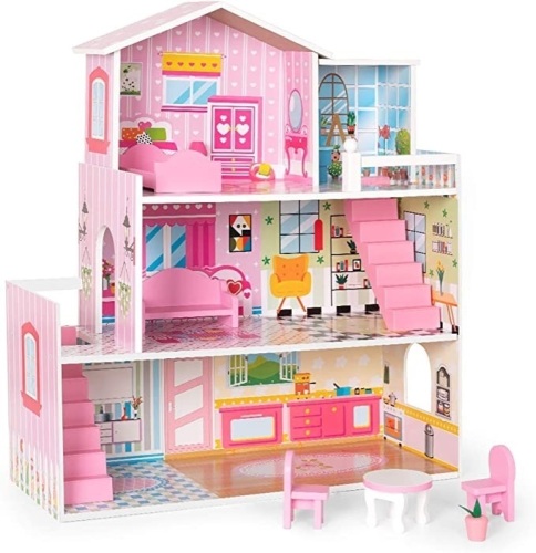 ROBUD Wooden Dollhouse with Furniture, Doll House Playset for Kids Girls, Gift for Ages 3 Years, Like New, Retail - $59.99 - Lot 202
