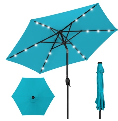 Outdoor Solar Patio Umbrella w/ Push Button Tilt, Crank Lift - 7.5ft, Blue, Like New, Retail - $59.99 - Lot 284
