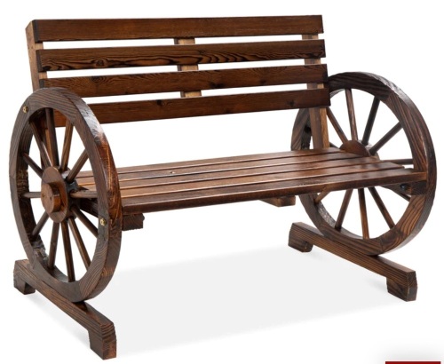 2-Person Rustic Wooden Wagon Wheel Bench w/ Slatted Seat and Backrest, Like New, Retail - $109.99 - Lot 308