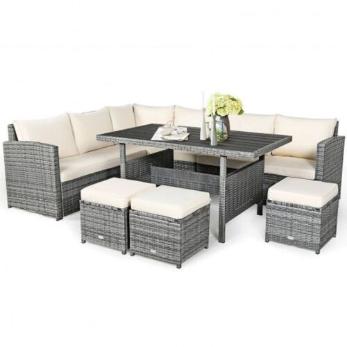 7-Piece Rattan Patio Sectional Sofa Set with Wicker Ottoman and White Cushions - Lot 299