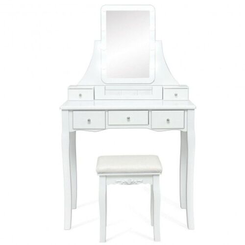 Vanity Table with 2 Dividers and Cushioned Stool - White, 10 Lights - Lot 1125