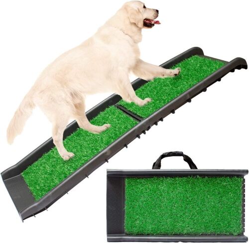 Foldable Pet Ramp for Large Dogs with Turf Grass Traction Mat & Rubber Feet, 62in x 16in x 2.5in  - Lot 788