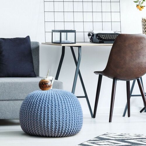 100% Cotton Hand-Knitted Pouf Ottoman - Blue  - Lot 553