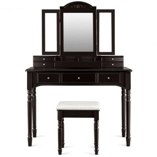 Makeup Dressing Table With Tri-Folding Mirror and Cushioned Stool  - Lot 78