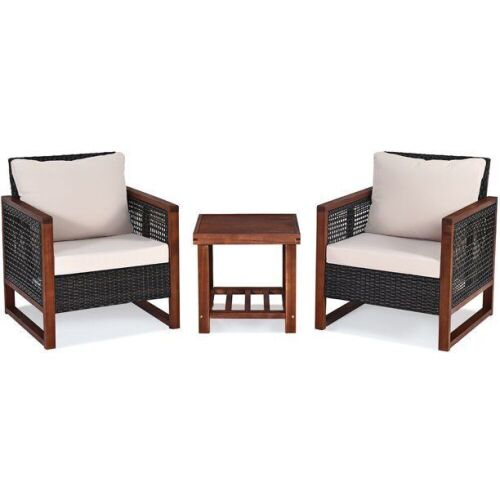 3PCS Patio Wicker Furniture Set Solid Wood Frame Cushion Sofa w/ Square Table  - Lot 97