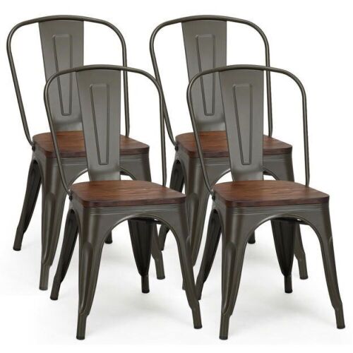 Set of 4 Tolix Style Stackable Metal Dining Side Chair with Wood Seat - Lot 45