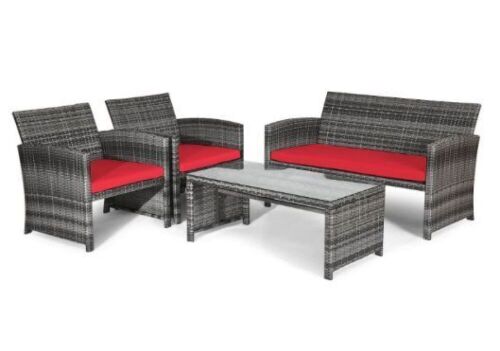 4-Piece Wicker Patio Conversation Set with Red Cushions - Lot 74