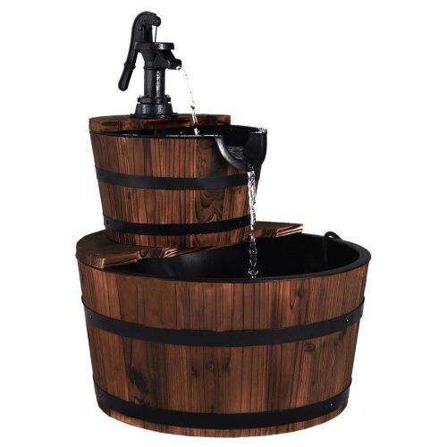 2-Tier Wooden Barrel Waterfall Fountain with Pump  - Lot 778