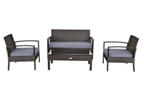4-Piece Wicker Outdoor Patio Conversation Set with Gray Cushions - Lot 52