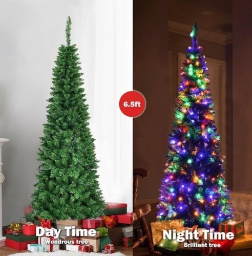 6.5 ft. Pre-Lit Hinged Artificial Pencil Christmas Tree with 250 Multi-Color Lights, Appears New - Lot 306