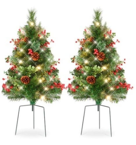 Set of 2 Pre-Lit Pathway Christmas Trees w/ Pine Cones, Timer - 24.5in - Lot 8