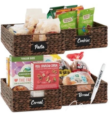 Set of 4 Water Hyacinth Pantry Baskets w/ Chalkboard, Chalk Marker - Lot 17