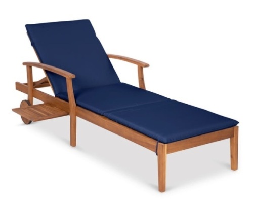 Adjustable Acacia Wood Chaise Lounge Chair w/ Side Table, Wheels - 79x26in, Navy Blue - Lot 106
