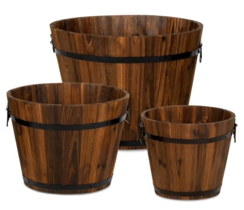 Set of 3 Rustic Wood Bucket Barrel Garden Planters Set w/ Drainage Holes - Lot 118