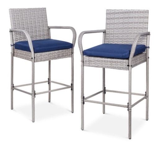 Set of 2 Indoor Outdoor Wicker Bar Stools w/ Cushion, Footrests, Armrests, Gray - Lot 121