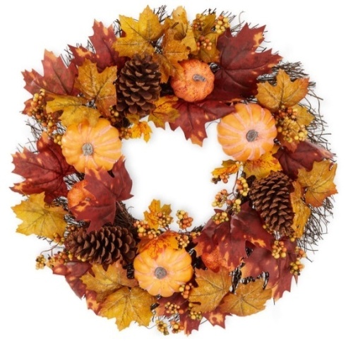 Artificial Fall Wreath, Autumn Thanksgiving Holiday Decoration - 24in - Lot 123