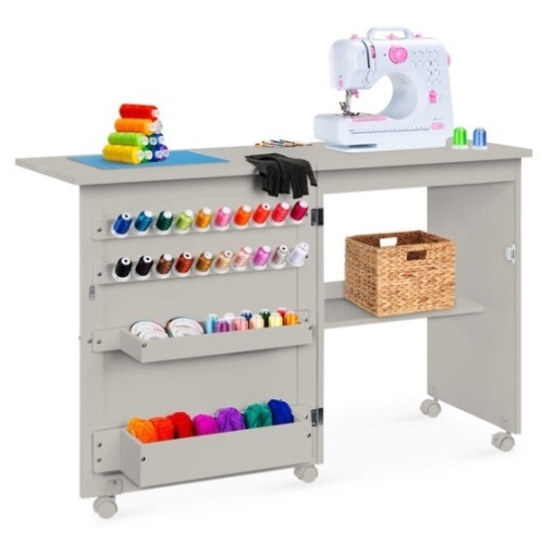 Folding Sewing Table Multipurpose Craft Station & Side Table w/ Wheels, Gray - Lot 130