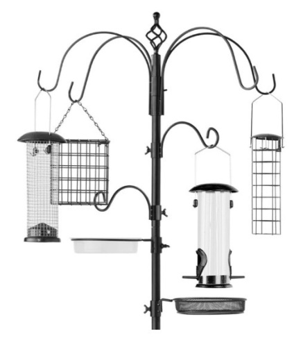 Bird Feeding Station, 6-Hook Steel Multi-Feeder Stand w/ 4 Feeders - 89in, Black - Lot 136