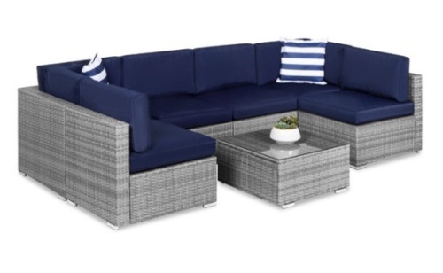7-Piece Modular Wicker Sectional Conversation Set w/ 2 Pillows, Cover, Gray/Navy - Lot 142
