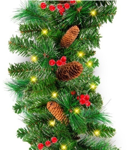 9ft Pre-Lit Christmas Garland w/ 50 Lights, Pine Cones, Berries - Lot 146