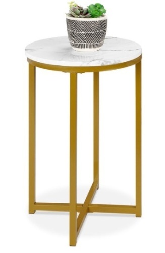 Round Coffee Side Table w/ Faux Marble Top, Metal Frame - 16in, White/Bronze Gold - Lot 147