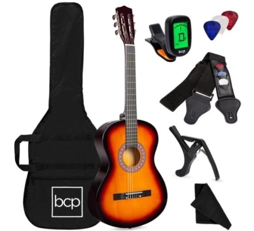 Beginner Acoustic Guitar Set w/ Case, Strap, Digital Tuner, Strings - 38in, Sunburst - Lot 152