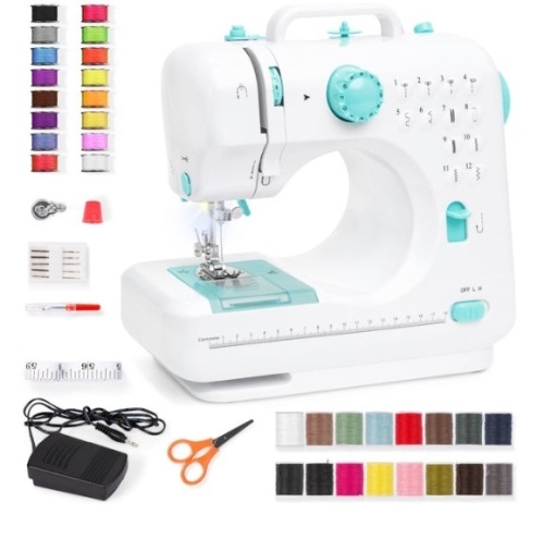 6V Portable Foot Pedal Sewing Machine w/ 12 Stitch Patterns, Teal/White - Lot 157