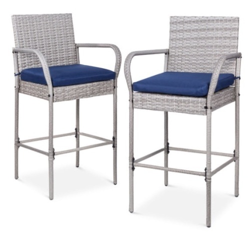Set of 2 Indoor Outdoor Wicker Bar Stools w/ Cushion, Footrests, Armrests, Gray - Lot 162
