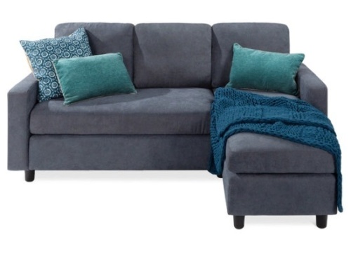 Linen Sectional Sofa Couch w/ Chaise Lounge, Reversible Ottoman Bench, Blue/Gray - Lot 163