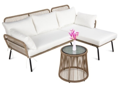 Rope Woven Sectional, L-Shape Sofa Set w/ Detachable Lounger, Table, White - Lot 172