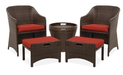 5-Piece Outdoor Wicker Bistro Set w/ Side Storage Table, No Assembly, Red - Lot 173
