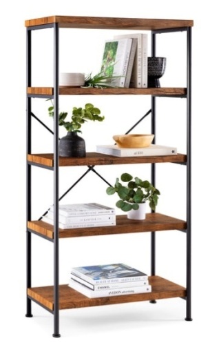 5-Tier Industrial Bookshelf w/ Metal Frame, Wood Shelves, Brown - Lot 175