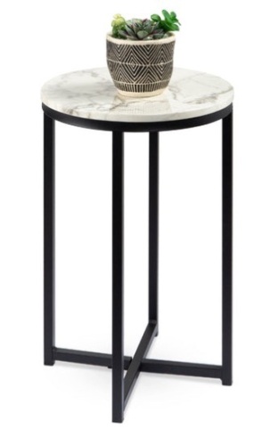 Round Coffee Side Table w/ Faux Marble Top, Metal Frame - 16in, White/Matte Black - Lot 180