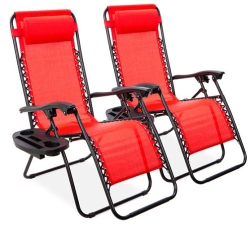 Set of 2 Adjustable Zero Gravity Patio Chair Recliners w/ Cup Holders, Crimson Red - Lot 190