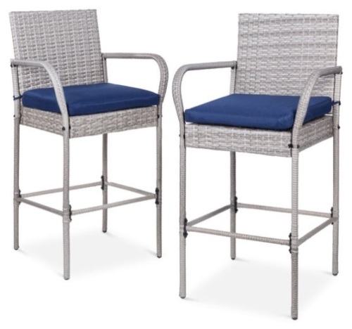 Set of 2 Indoor Outdoor Wicker Bar Stools w/ Cushion, Footrests, Armrests, Gray - Lot 191